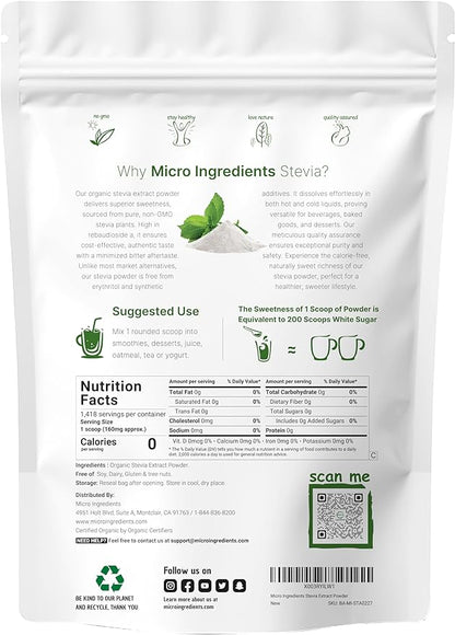 Pure Organic Stevia Powder, 8 Ounces, 1418 Serving, High Grade Stevia Green Leaf Extract Reb-A, Reduced Bitter Aftertaste, 0 Calorie, Natural Sweetener, Sugar Alternative, Keto Friendly