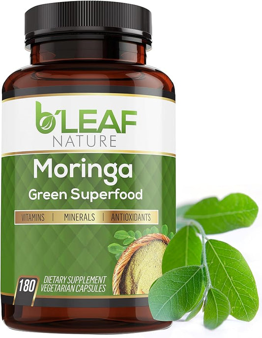 B’Leaf Nature Pure Organic Moringa Oleifera Leaf Powder Capsules 1000mg - Immune System & Energy Booster - Vegetarian Supplement for Healthy Living - 180 Capsules