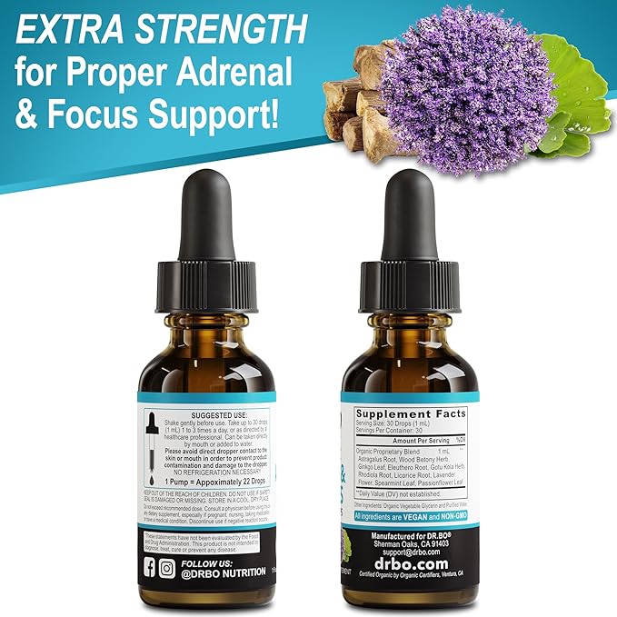 Adrenal Support Supplements Liquid Drops - Organic Adrenal and Focus Supplement, Cortisol Manager Adaptogen Adults, Ginkgo Biloba for Kids Calm - Natural Brain and Memory Fatigue Stress Attention 1oz