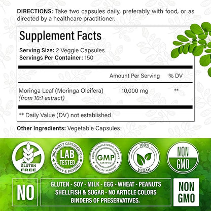 Moringa Capsules| 300 Capsules| Moringa Oleifera| 10,000mg| 100% Pure & Natural| Non-GMO and Gluten Free Supplement | Complete Green Superfood | Moringa Leaf Extract Powder