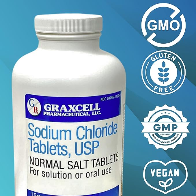 Sodium Chloride Tablets 1gm | Electrolyte Salt Pills for POTS Syndrome and Dysautonomia Support | Rapid Rehydration, Natural Ingredients | (15.4gr.) | 100 Count | Made in The USA