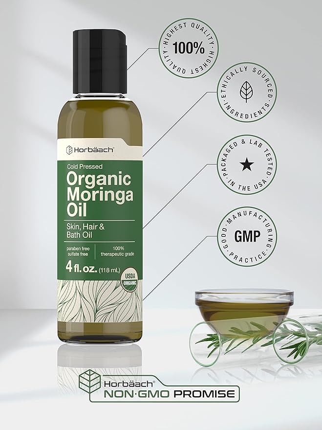 Horbäach Organic Moringa Oil | 4 fl oz | for Face, Hair, and Skin | 100% Therapeutic Grade | Paraben and Sulfate Free, Non-GMO