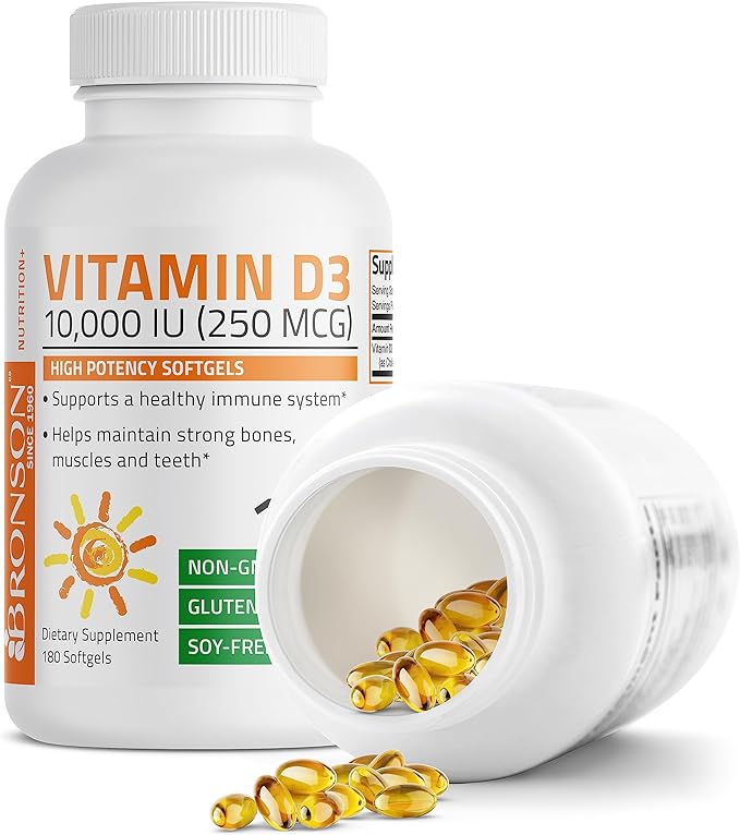 Bronson Vitamin D3 10,000 IU (250 mcg) High Potency - Supports Healthy Immune System, Strong Bones, Muscles & Teeth - Non GMO, 180 Softgels