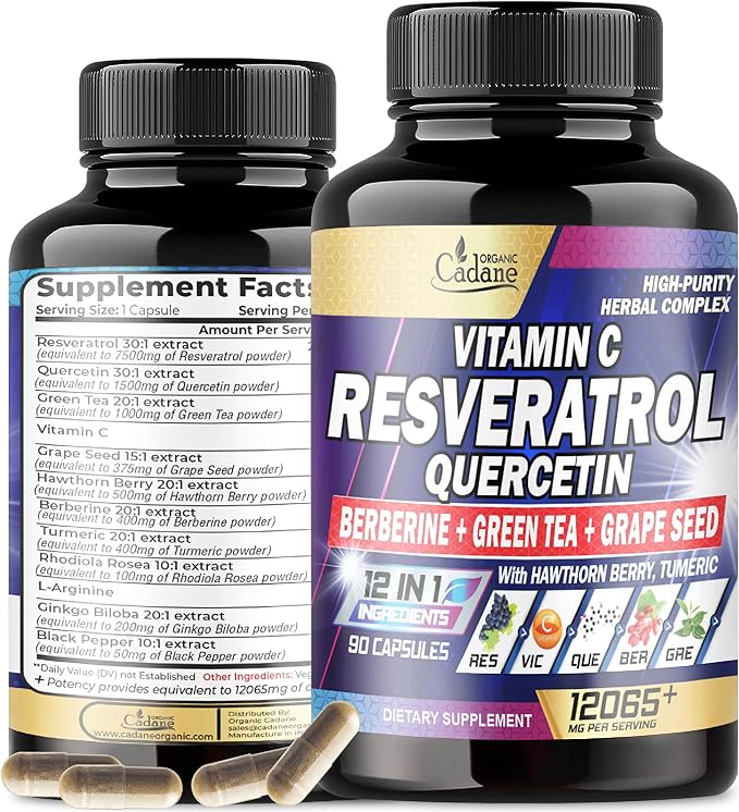 12065mg Resveratrol Supplement - 90 Capsules 3 Month for Healthy Aging, Immune, Brain & Joint Support - 12in1 Blended with VIT.C, Quercetin, Berberine, Turmeric, Green Tea & More