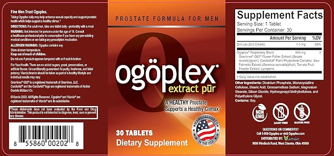 Ogoplex® | Male Prostate Health and Urinary Support Supplement with Graminex® Swedish Flower Pollen, Saw Palmetto, Phytosterols & Lycopene - 30 Tablets (2 Pack)