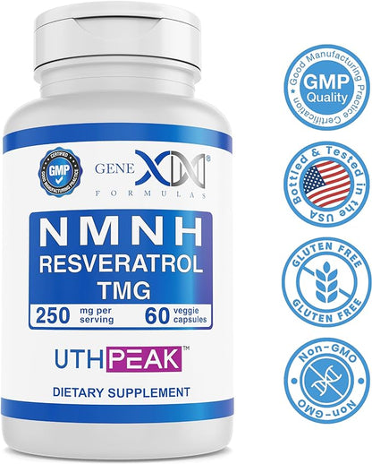 GENEX 250mg NMNH + Resveratrol + TMG (60 Capsules - 30 Servings) | NMNH (Dihydronicotinamide Mononucleotide) + 98% Resveratrol + TMG for Healthy Aging - Non-GMO, Gluten-Free, Vegetarian