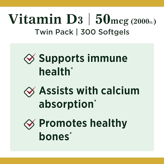 Nature's Bounty Vitamin D3, Vitamin Supplement, Supports Immune System and Bone Health, 50mcg, 2000IU,150 Count (Pack of 2)