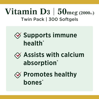 Nature's Bounty Vitamin D3, Vitamin Supplement, Supports Immune System and Bone Health, 50mcg, 2000IU,150 Count (Pack of 2)