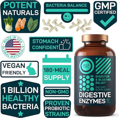 Digestive Enzymes with Probiotics and Prebiotics - Gut Health, Digestion IBS Supplement with Artichoke Ginger Turmeric – Vegan Probiotic Enzymes Digestive Health and Bloating Relief - 180 Caps