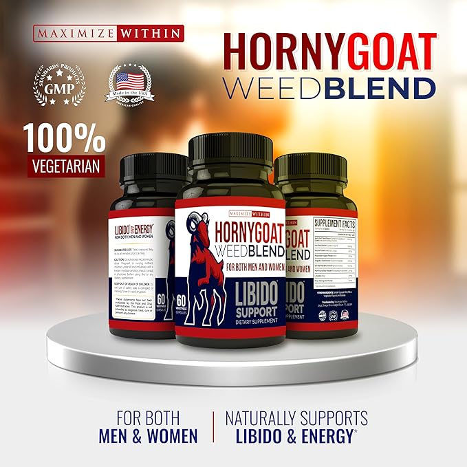 Horny Goat Weed Blend with Maca & Tribulus Terrestris Extract, Naturally Supports Libido and Energy for Men & Women, 1000mg Epimedium with Icariins, Veggie Capsules