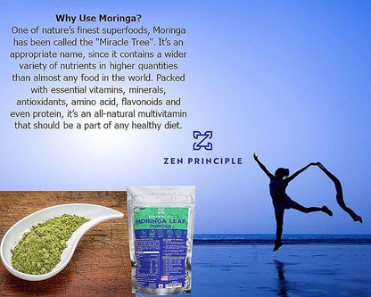 Zen Principle 1 lb. Premium Organic Moringa Oleifera Leaf Powder. 100% USDA Certified. Sun-Dried, All Natural Energy Boost, Raw Superfood and Multi-Vitamin. No GMO, Gluten Free.