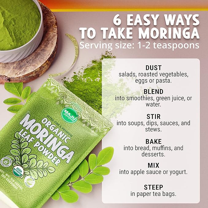 MAJU's Organic Moringa Powder (1 Pound), Oleifera Leaf, Extra-Fine Quality, Dried Drumstick Tree Leaves, For Tea, Smoothies, Food-Grade