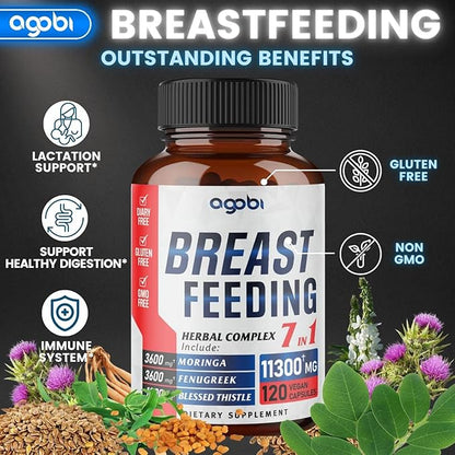 agobi Herbal Breastfeeding Supplements 11300mg Equivalent - 7in1 Blended Moringa Leaf, Fenugreek, Blessed Thistle & More for Women's Milk Encouragement 120 Vegan Capsules for 2 Months