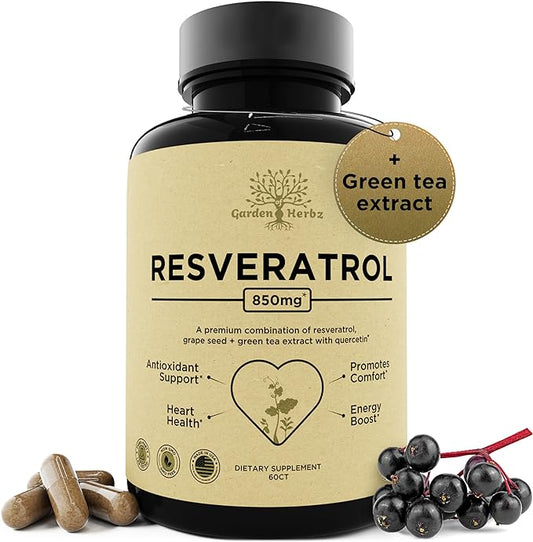 Resveratrol Supplement with Quercetin & Grape Seed – 850mg Herbal Blood Pressure Support & Heart Health Supplement – Polyphenols & Antioxidants for Cardiovascular Function, 60 Capsules