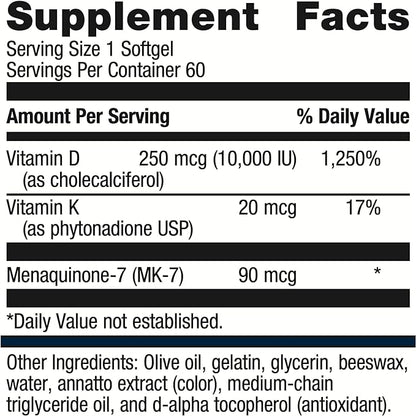 Metagenics D3 10,000 + K - for Immune Support, Bone Health & Heart Health* - Vitamin D with MK-7 (Vitamin K2) - Non-GMO - Gluten-Free - 60 Softgels