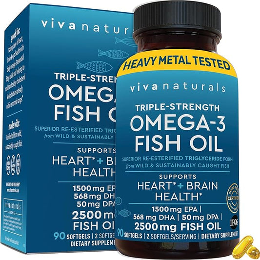 Viva Naturals Triple Strength Omega 3 Fish Oil Supplement - 2500 mg Fish Oil with Re-Esterified Omega 3 Fatty Acids including EPA, DHA DPA - 90 Pescatarian-Friendly Softgels