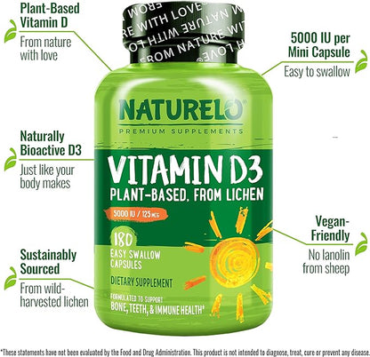 NATURELO Vitamin D - 5000 IU - Plant Based from Lichen - Natural D3 Supplement for Immune System, Bone Support, Joint Health - Vegan - Non-GMO - 180 Mini Capsules (Pack of 2)