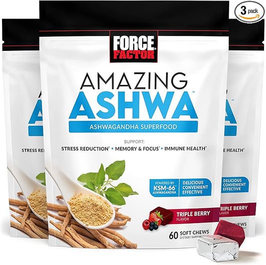 FORCE FACTOR Amazing Ashwa for Stress Relief, Memory, Focus, and Immune Support Health, Ashwaganda Supplement with KSM-66 Ashwagandha for Stress, 180 Soft Chews