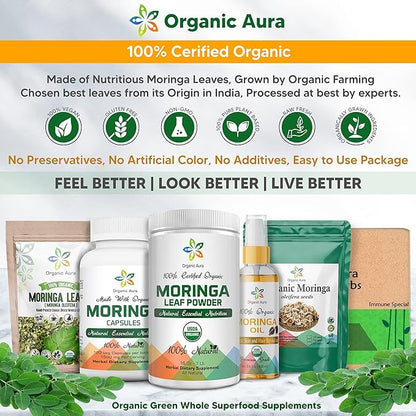 Certified Organic Moringa Leaf Powder-8Oz. USDA Certified Organic. Naturally boosts Energy, Metabolism & Immunity. 100% Pure and Raw. Green Whole Superfood. No GMO, Gluten Free.