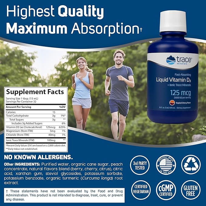 Trace Minerals | Liquid Vitamin D3 | 126 mcg (5000 IU) D3 with Full Spectrum of Ionic Trace Minerals | Fast Absorbing, High Potency | Natural Tropical Cherry Flavor | 32 Servings, 16 fl oz