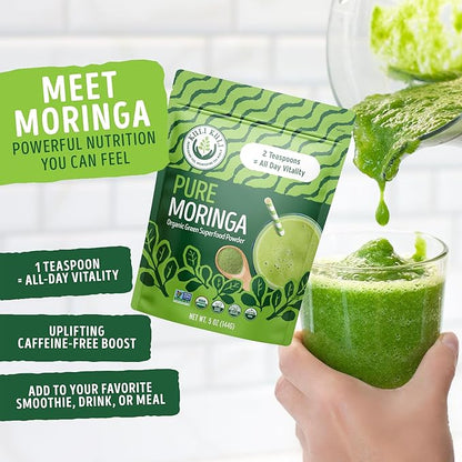 Kuli Kuli Moringa Oleifera Organic Leaf Powder & Green Smoothie, 100% Pure USDA Certified & Non-GMO Moringa Powder, Great with Smoothies, Tea, and Food - Single Pack, 5 oz.