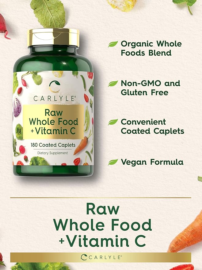 Carlyle Raw Whole Foods VIT C | 180 Coated Caplets | Dietary Supplement | Vegan, Non-GMO & Gluten Free