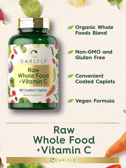 Carlyle Raw Whole Foods VIT C | 180 Coated Caplets | Dietary Supplement | Vegan, Non-GMO & Gluten Free