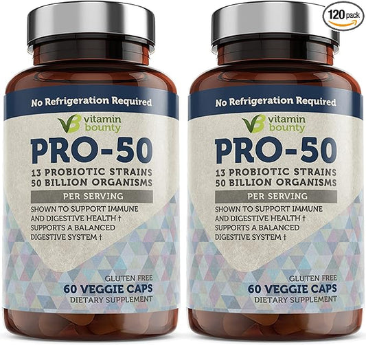 Vitamin Bounty Pro-50 Probiotic - 50 Billion Organisms and 13 Probiotic Strains that Promote Gut Health, Digestive Health Probiotic, Delayed Release Capsule with Prebiotic Greens - 60 Capsules, 2 Pack