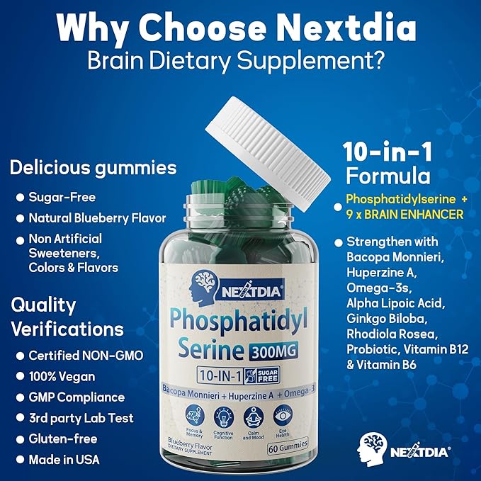 Sugar Free Phosphatidylserine Supplement 300mg, 10 in 1 Formula w/Bacopa Monnieri, Omega 3, Huperzine A for Memory, Focus & Cognition, Brain Gummies for Adults & Elderly (60 Counts (2 Pack))