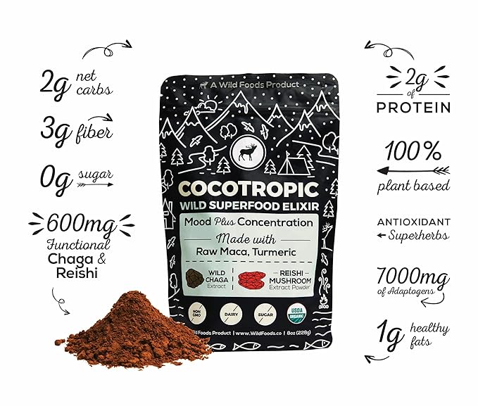 Organic Cacao Mushroom Chocolate Mix, 8 oz | Superfood Mushroom Blend, Non-GMO, Vegan, Gluten Free, Mood, Cold Processed, Reishi, Chaga, Maca, Turmeric (32 Servings)