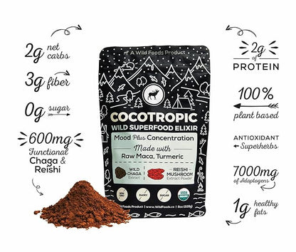 Organic Cacao Mushroom Chocolate Mix, 8 oz | Superfood Mushroom Blend, Non-GMO, Vegan, Gluten Free, Mood, Cold Processed, Reishi, Chaga, Maca, Turmeric (32 Servings)