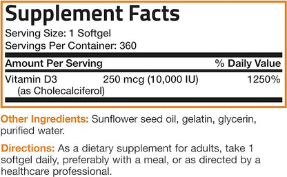 Bronson Vitamin D3 10,000 IU (250 mcg) High Potency - Supports Healthy Immune System, Strong Bones, Muscles & Teeth - Non GMO, 360 Softgels (1 Year Supply)