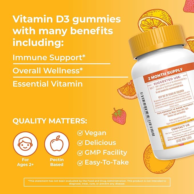 MaryRuth Organics Vitamin D3 Gummies, 2 Month Supply, Adults & Kids Gummies, Immune Support Supplement, Vitamin D3 1000IU for Bone Health & Muscle Function, Vegan, Non-GMO, Gluten Free, 60 Count