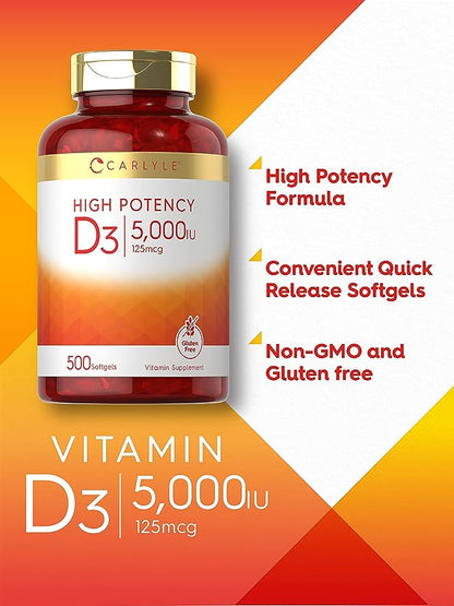 Carlyle Vitamin D3 5000 IU Softgels | 500 Count | Value Size | Non-GMO and Gluten Free Supplement | High Potency Formula | 125mcg