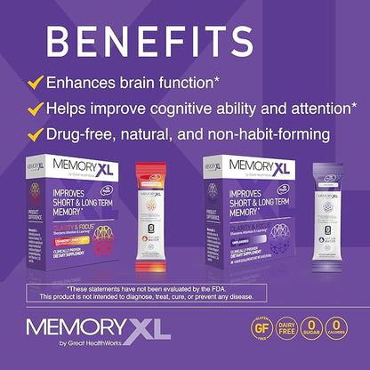 MemoryXL, Magnesium L-Threonate: Brain Supplement for Memory & Focus; Magtein®, Phosphatidylserine, Vitamin Mix. Improves Memory Focus Attention Learning & Logic. 0 Sugar, 0 cal, 30pk Unflavored