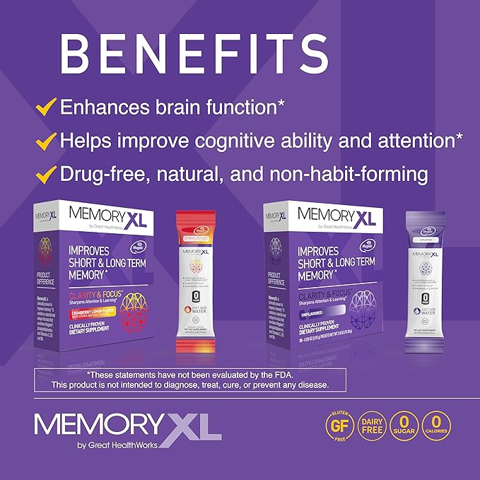 MemoryXL, Magnesium L-Threonate: Brain Supplement for Memory & Focus; Magtein®, Phosphatidylserine, Vitamin Mix. Improves Memory Focus Attention Learning & Logic. 0 Sugar, 0 cal, 30pk Cranberry Lemon