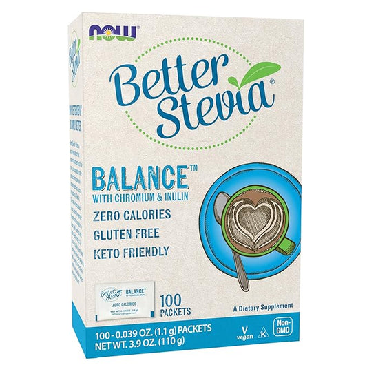 NOW Foods BetterStevia Balance with Chromium and Inulin, Zero-Calorie Granulated Sweetener Packets, Keto Friendly, Suitable for Diabetics, No Erythritol, 100 Packets