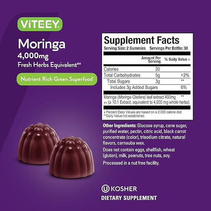 Moringa Gummies for Adults & Teens - Moringa Leaf Extract 4000mg - Immune Support, Energy Booster, Better Mood Support - Chewable Green Superfood - Vegan, Gelatin Free - Strawberry Flavored Gummy