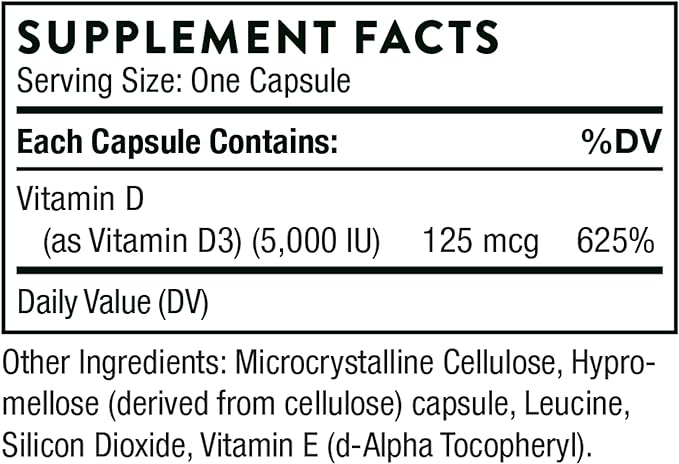 THORNE Vitamin D-5000 - Vitamin D3 Supplement - Support Healthy Bones, Teeth, Muscles, Cardiovascular, and Immune Function - NSF Certified for Sport - Dairy-Free, Soy-Free - 60 Capsules