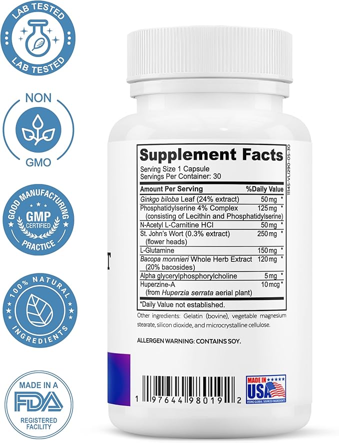 Brain Support Complex - Advanced Cognitive Support Supplement with Ginkgo Biloba, Bacopa Monnieri, Phosphatidylserine, Huperzine-A, St. John's Wort - 30 Ct