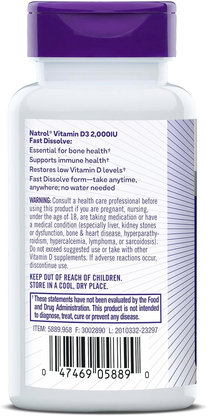 Natrol Fast Dissolve Vitamin D3 2,000 IU, Dietary Supplement for Bone and Joint Health, Bone Support Supplement, 90 Tablets, 90 Day Supply