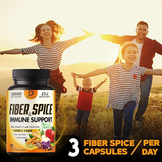 27in1 Fiber and Spice Supplement 30000Mg - Combined with Organic Psyllium, Whole Apple, Elderberry & more - Support Mood, Body & Immunity - 90 Capsules for 1 Month