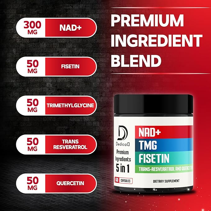 NAD+ Supplement 500mg - Pure NAD Supplement - Combined to Fisetin, TMG, Resveratrol and Quercetin - Energy and DNA Repair, Aging Defense, Brain Function - 60 Capsules