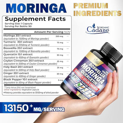 Moringa Leaf 7500mg Boswellia 1500mg Quercetin 450mg Supplement - Breast Milk, Heart, Immune & Joint Support - 8in1 Combined Turmeric, Ceylon, Ginger & More - 90 Veggie Capsules for 3 Months