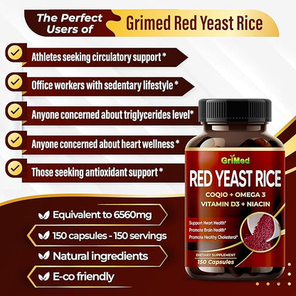 Organic Red Yeast Rice 6,560mg with CoQ10, Omega 3, Vitamin D3, Niacin - Non-GMO, Made with US (90 Count (Pack of 1))