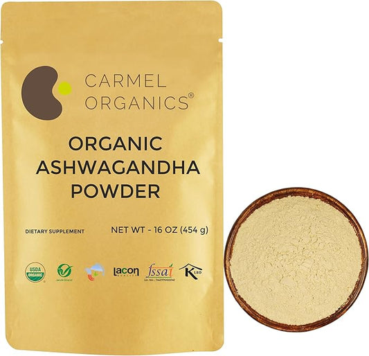 CARMEL ORGANICS Organic Ashwagandha Root Powder, 16 Oz or 1 Lbs - USDA Certified. Lab Tested, Non GMO & Gluten Free | Withania Somnifera from India | Eco Friendly Kraft Paper