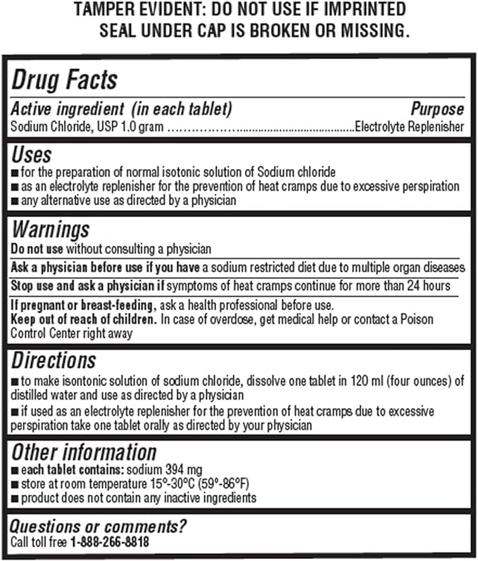 Sodium Chloride Tablets 1gm | Electrolyte Salt Pills for POTS Syndrome and Dysautonomia Support | Rapid Rehydration, Natural Ingredients | (15.4gr.) | 100 Count | Made in The USA