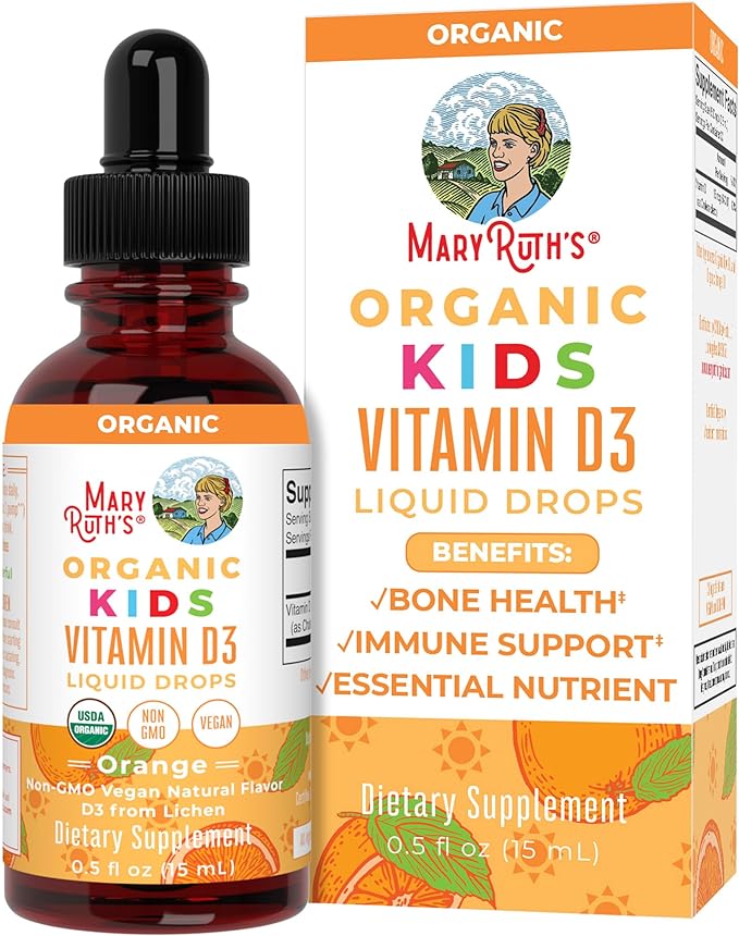 USDA Organic Vitamin D3 Liquid Drops for Kids by MaryRuth's | 640 IU Vitamin D3 Per Serving | Kids Immune Support & Bone Health Supplement | Formulated for Ages 4-13 | 0.5oz | 30 Servings