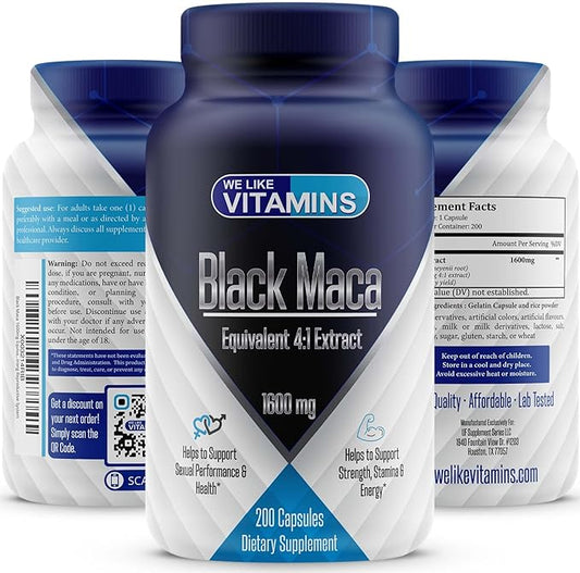 We Like Vitamins Black Maca 1600mg Equivalent 4:1 Extract – 200 Capsules – Black Maca Supplement – Helps to Support a Strong Reproductive System