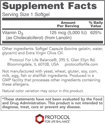 PROTOCOL FOR LIFE BALANCE - Vitamin D3 5000 IU (High Potency) Supports Calcium Absorption, Bone and Dental Health, Immune System Function, Nervous System, and Cognitive Function - 120 Softgels